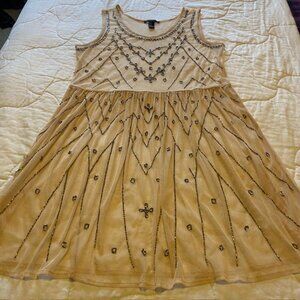 Y2K Beaded Sheer Dress Tunic Top Forever 21 Sz M Boho Coachella Pale Pink/Peach